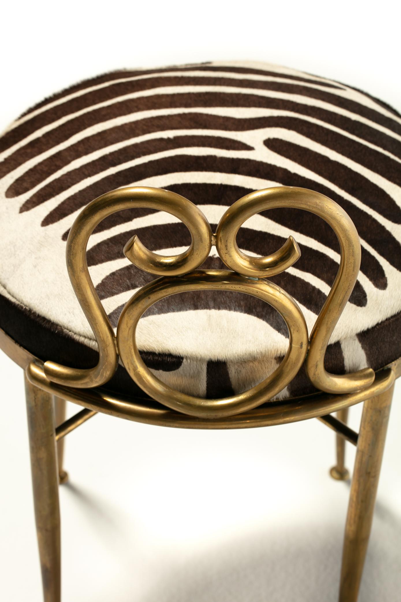 Mid-20th Century Hollywood Regency Brass Vanity or Dressing Stool in Soft Zebra Print Cowhide For Sale