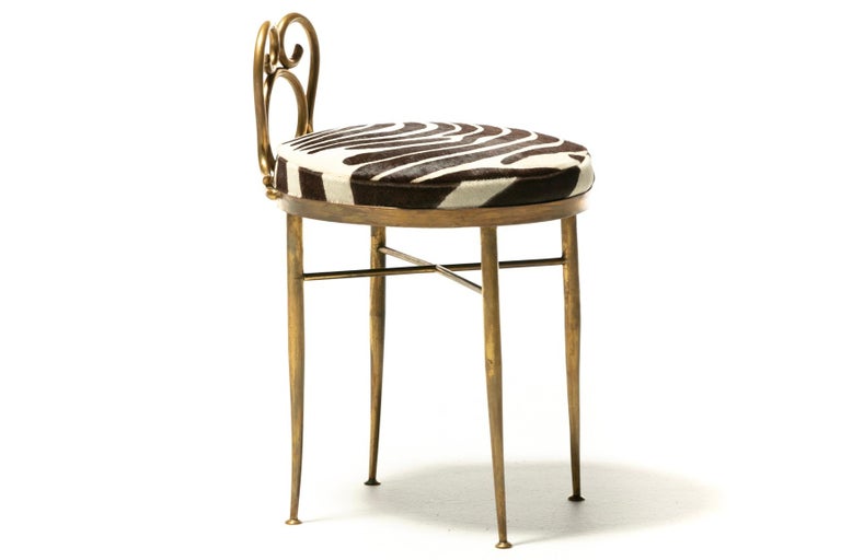 Hollywood Regency Brass Vanity or Dressing Stool in Soft Zebra Print Cowhide For Sale at 1stDibs