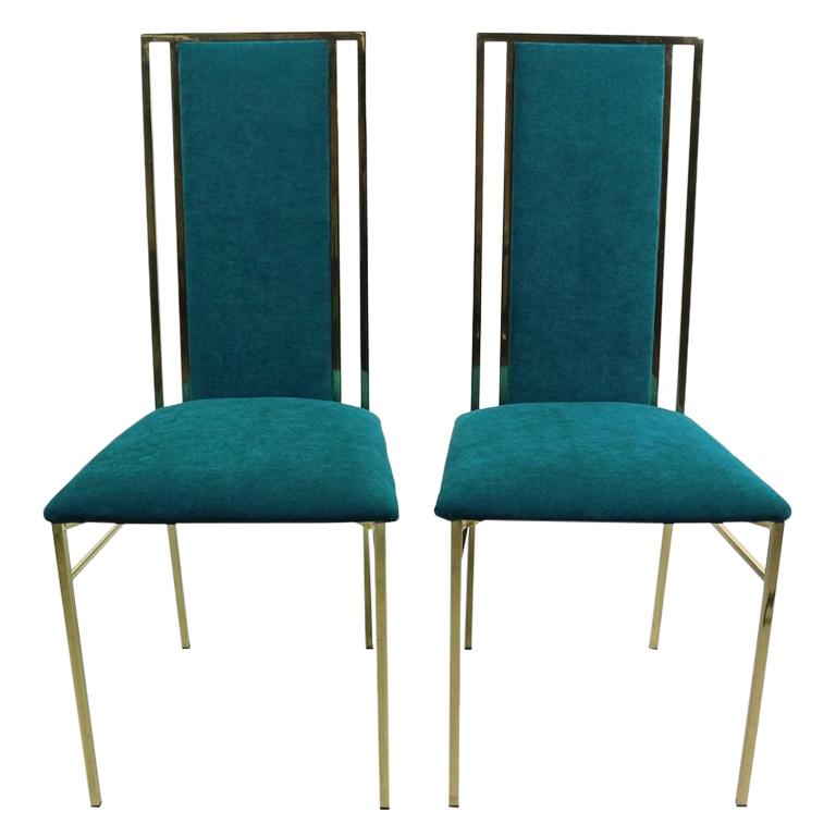 Hollywood Regency Brass and Velvet Dinning Chairs, 1970s, Italy