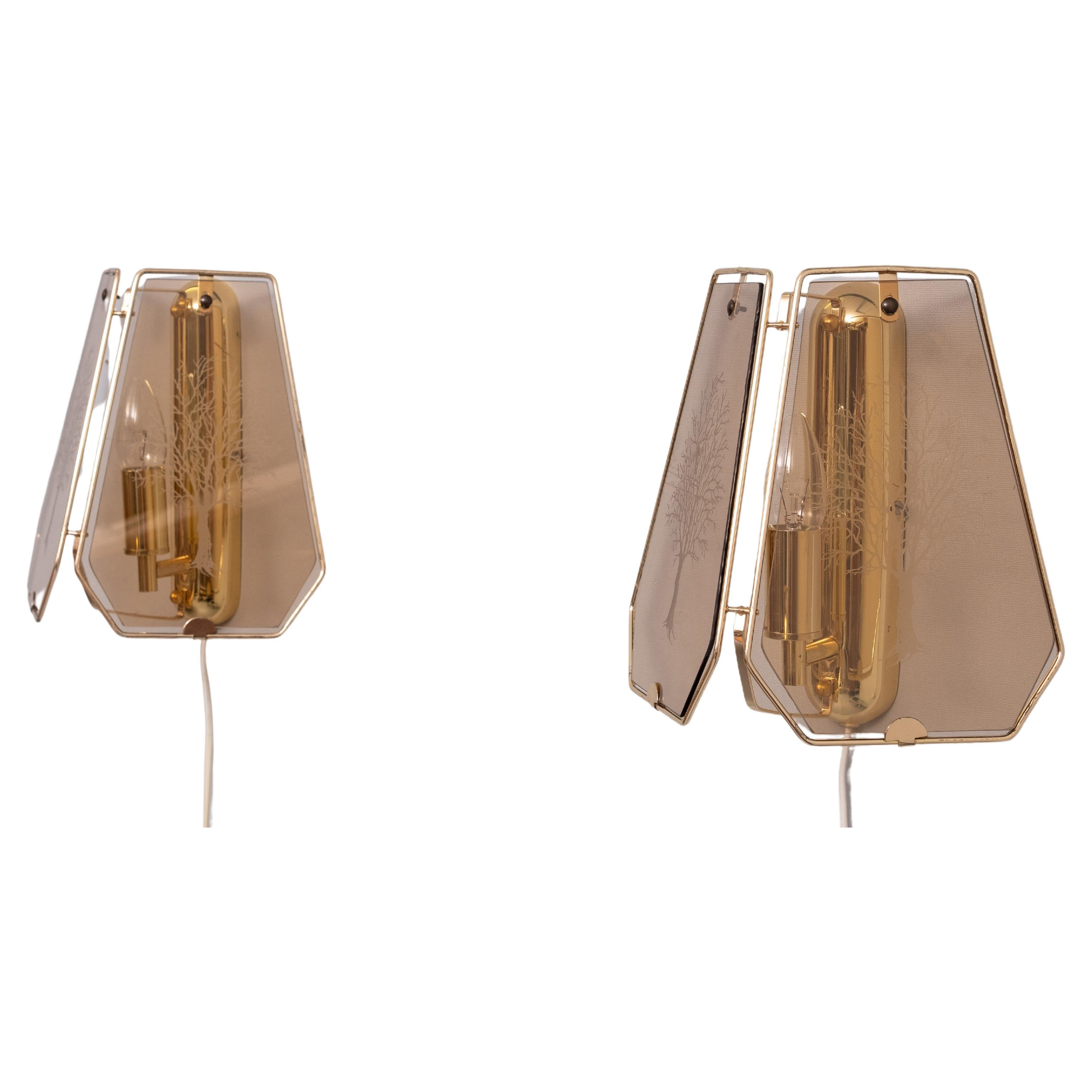 Very nice pair of wall lamps . Brass armature . comes with 
smoked glass .Etching with Trees . Manufactured by Lakro Amstelveen 
1970s In a Hollywood Regency style . One small Bulb needed .   