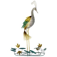 Retro Hollywood Regency Brass Wall Sculpture "Silver Heron" Bird by Curtis Jere