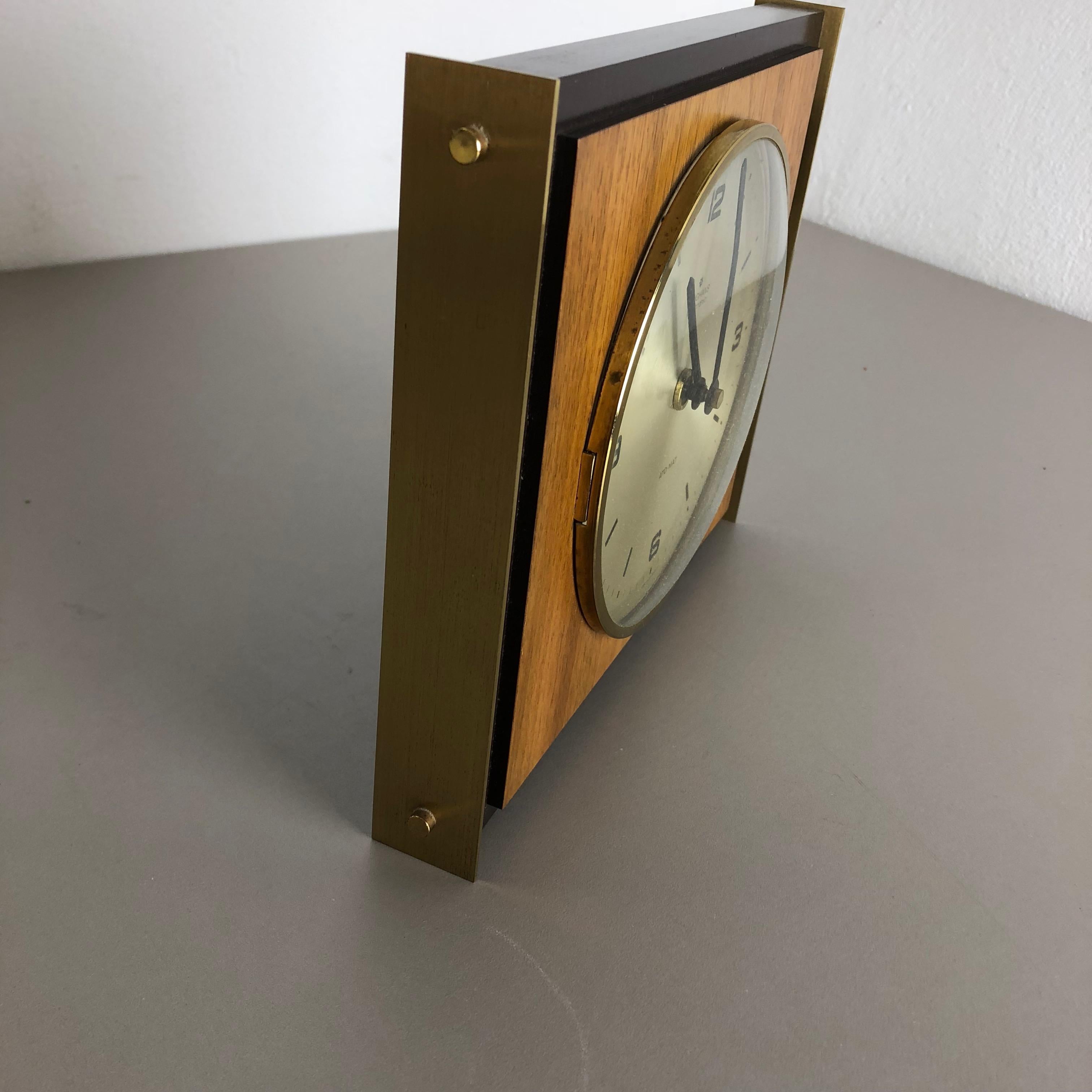 Hollywood Regency Brass Walnut Brass Table Clock Junghans Electronic Germany 3