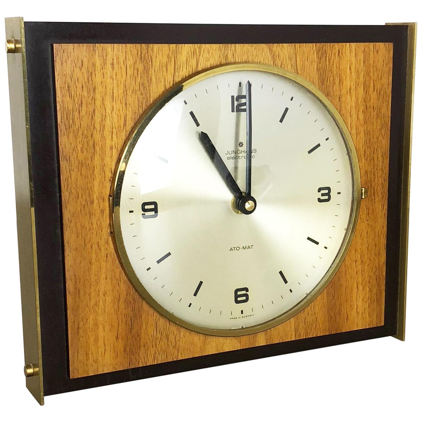 Hollywood Regency Brass Walnut Brass Table Clock Junghans Electronic Germany