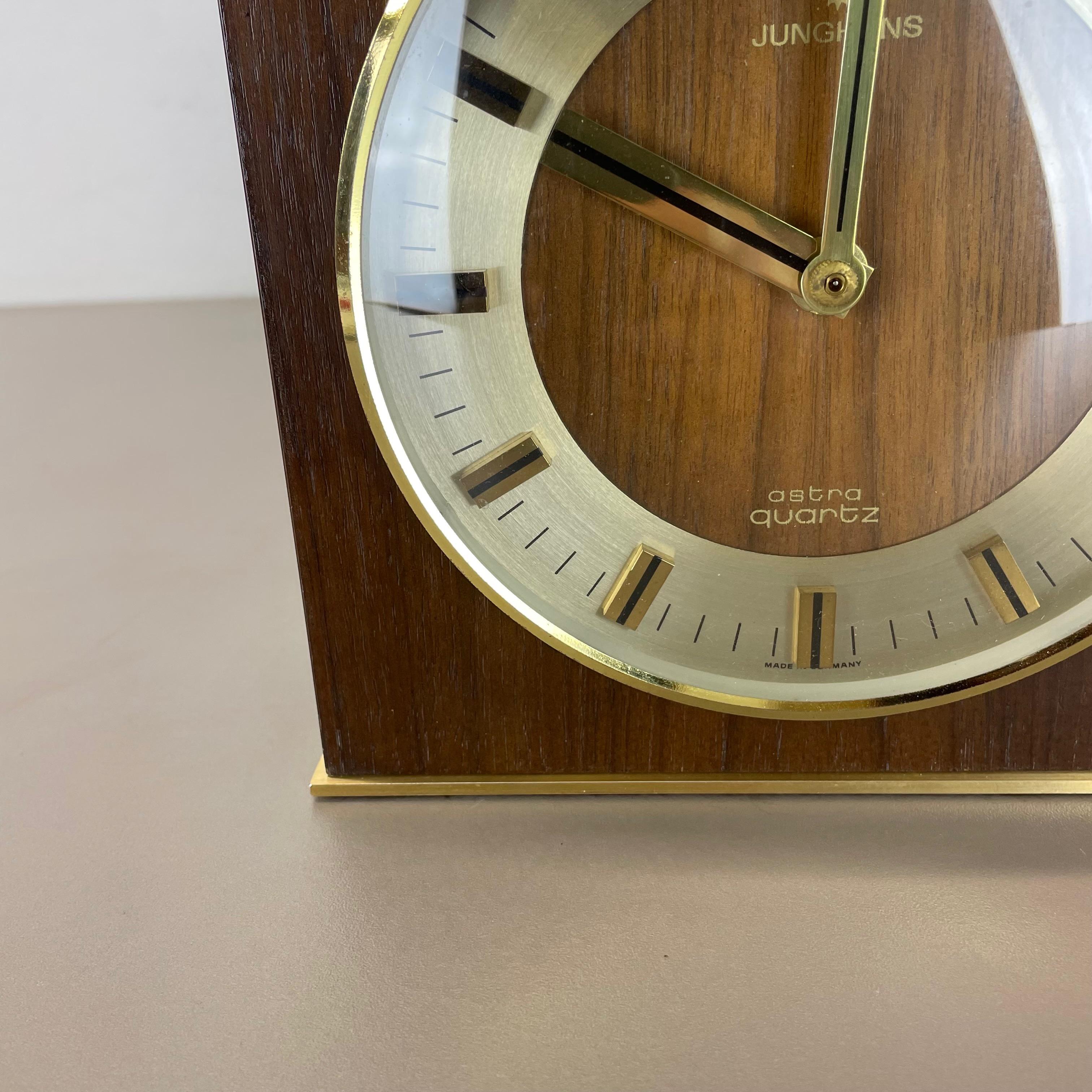 Hollywood Regency Brass Wooden Table Clock Junghans Astra Quartz, Germany 1970s For Sale 2