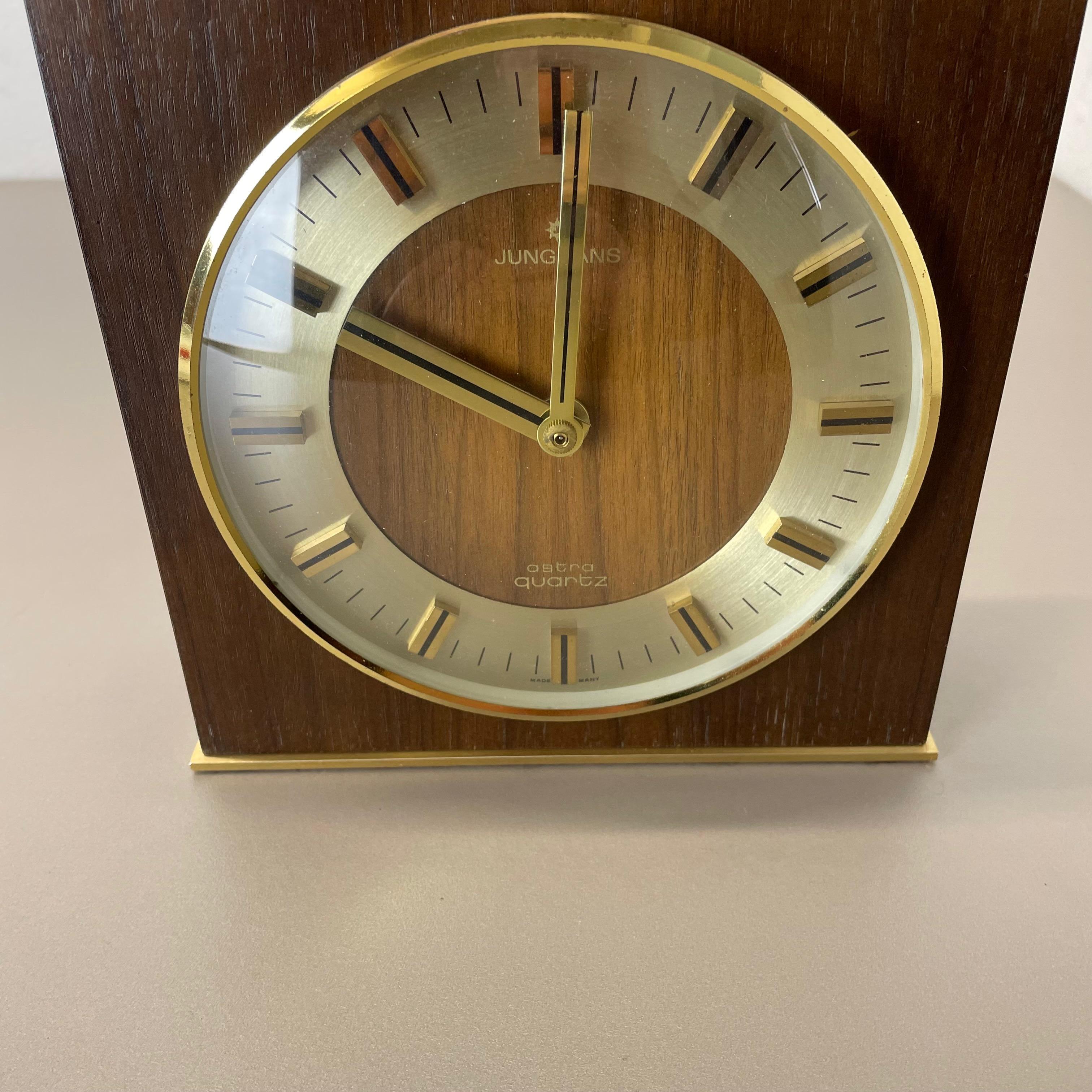 Mid-Century Modern Hollywood Regency Brass Wooden Table Clock Junghans Astra Quartz, Germany 1970s For Sale