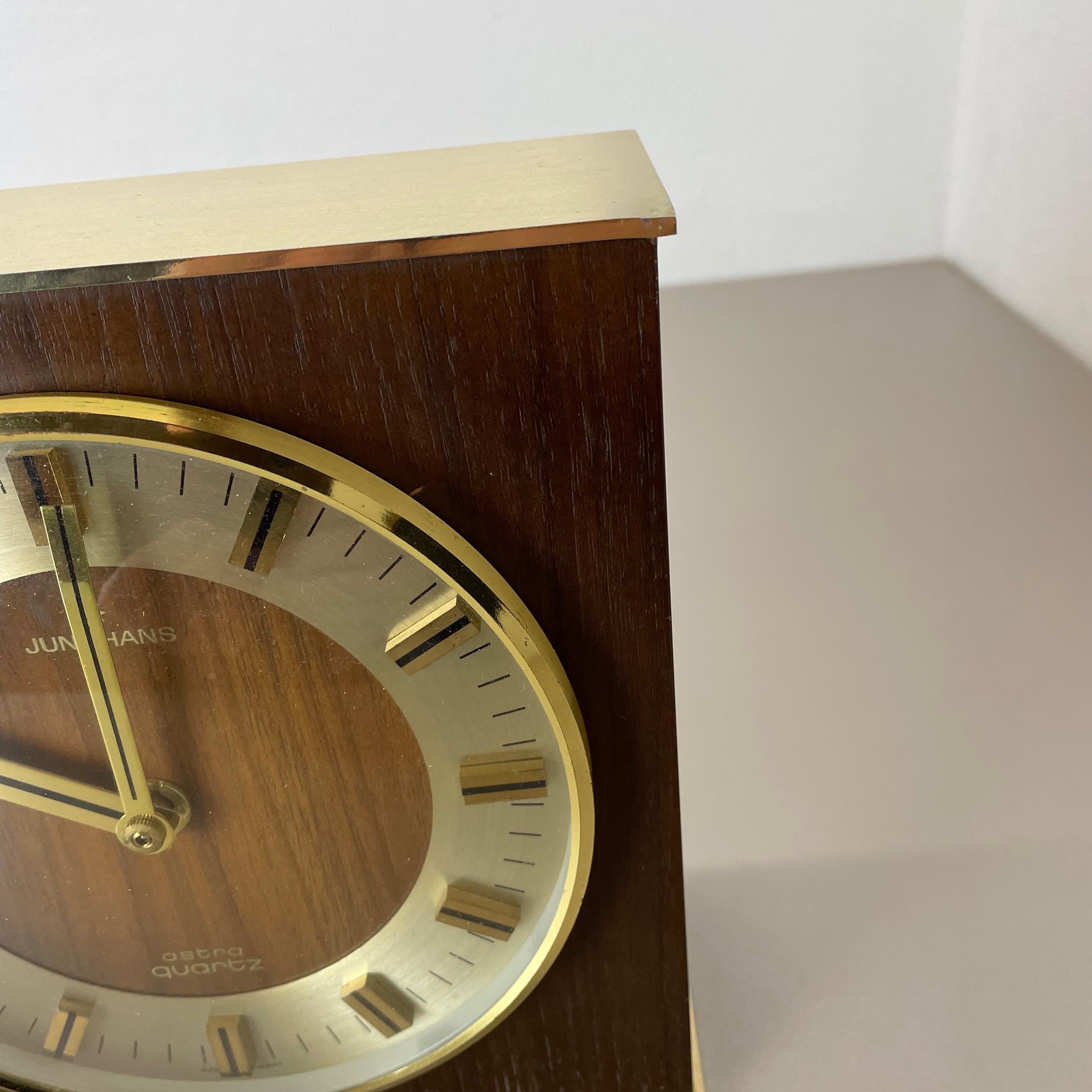 20th Century Hollywood Regency Brass Wooden Table Clock Junghans Astra Quartz, Germany 1970s For Sale