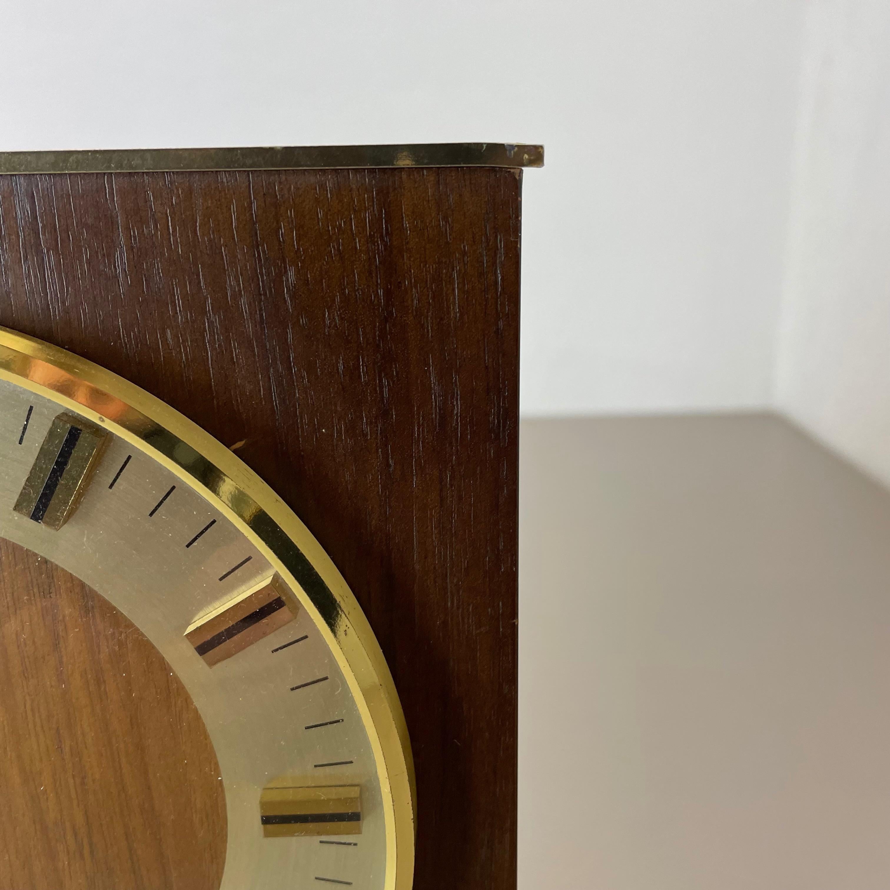 Metal Hollywood Regency Brass Wooden Table Clock Junghans Astra Quartz, Germany 1970s For Sale