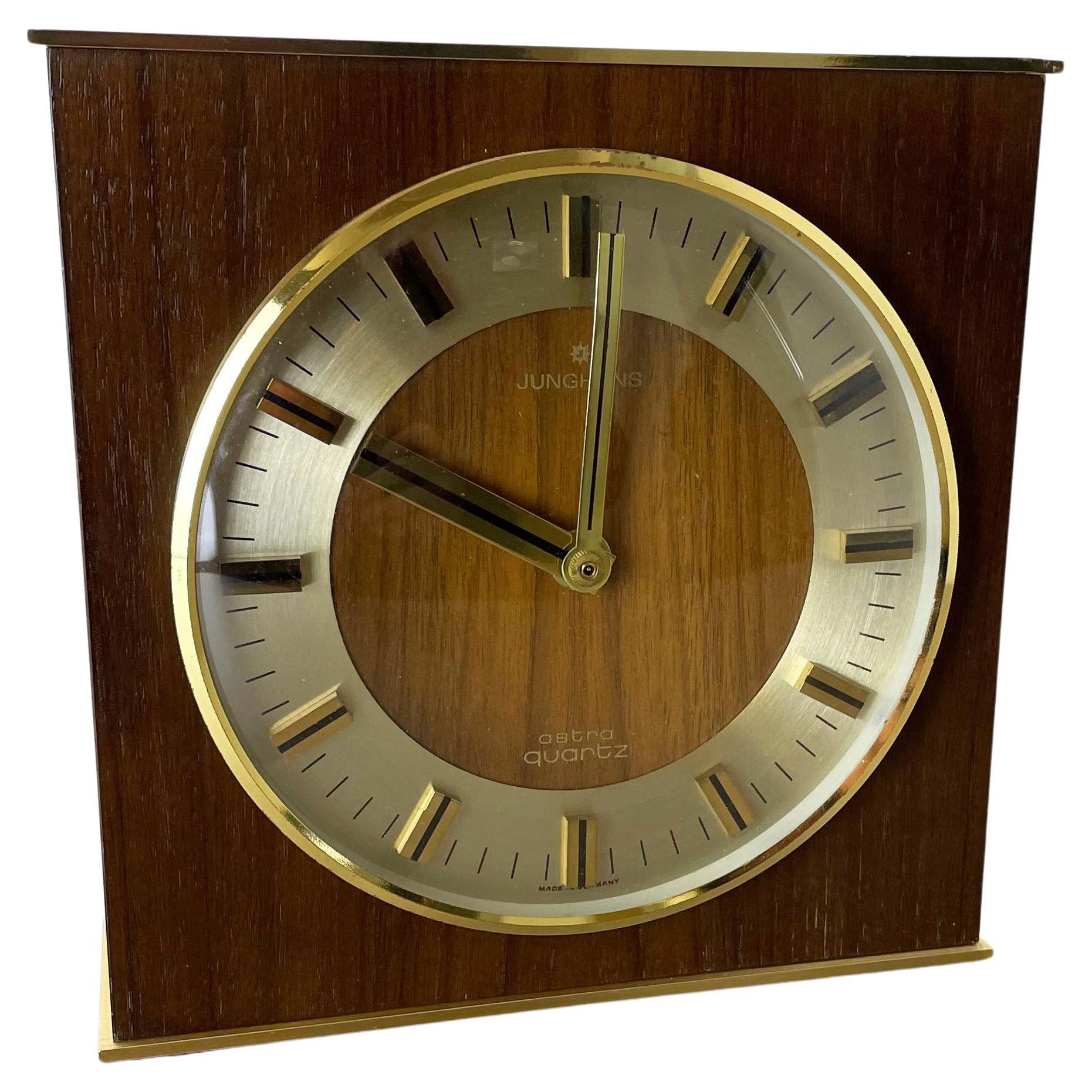 Hollywood Regency Brass Wooden Table Clock Junghans Astra Quartz, Germany 1970s For Sale