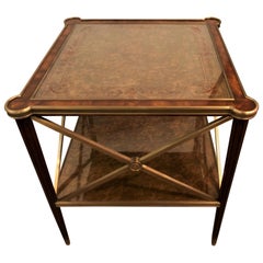 Hollywood Regency Bronze Decorated End Table X-Base Sides Tortoise Glass Top