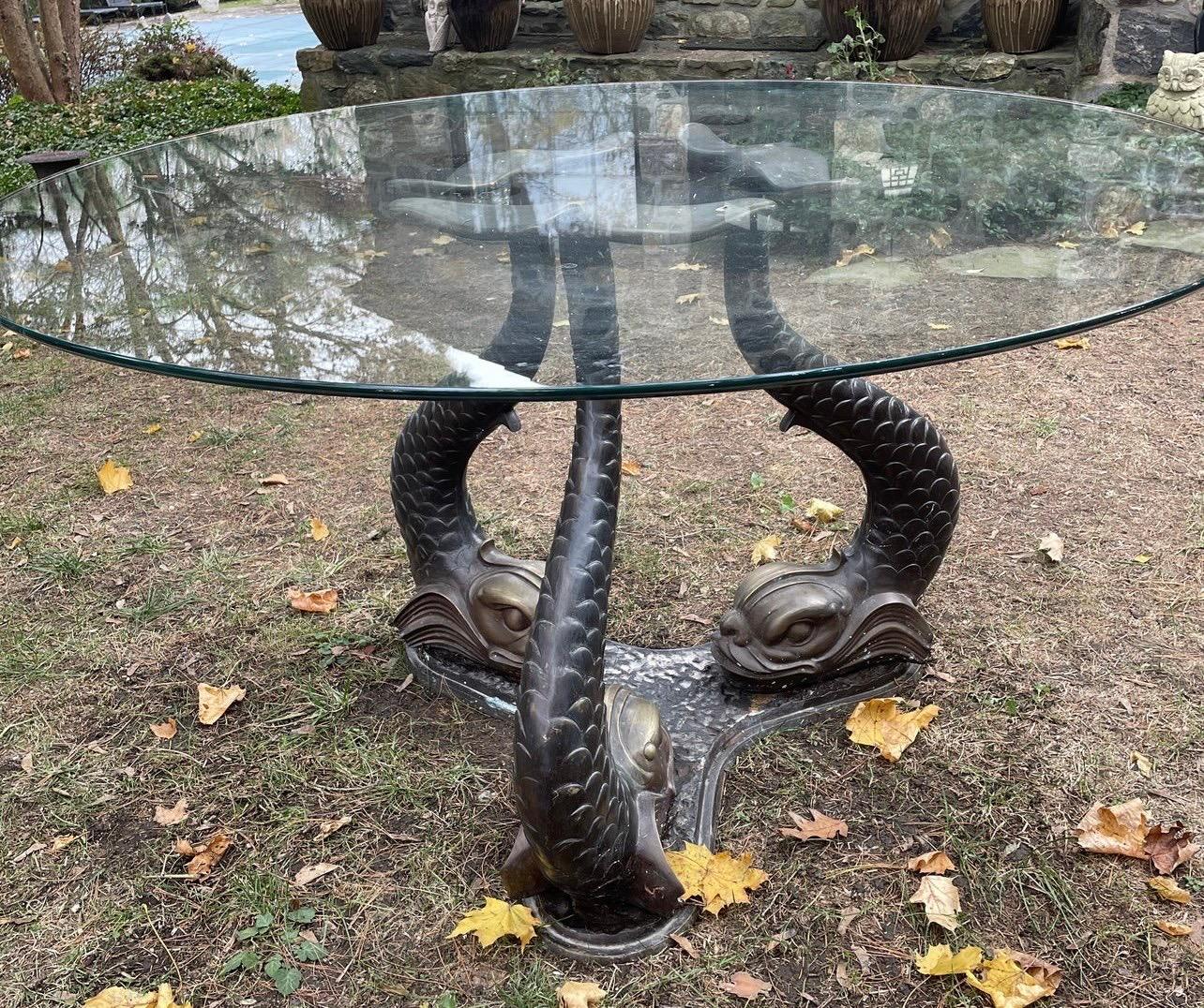 Vintage Bronze Dolphin and Glass Pedestal Dining Center Table Made In Italy For Sale 4