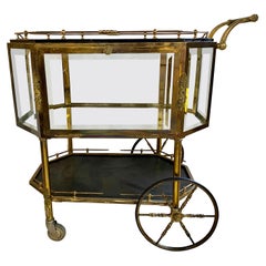 Hollywood Regency Bronze Tray Top Beveled Glass Showcase Serving Cart or Wagon