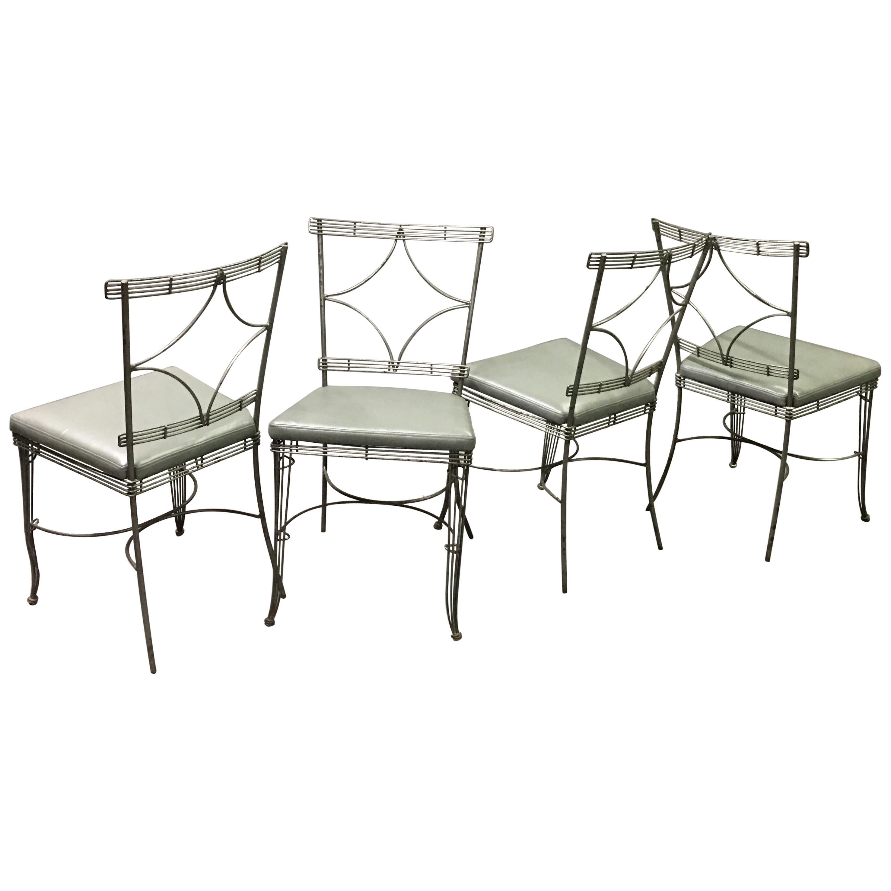 Hollywood Regency Brushed Steel Wire Dining Chairs For Sale