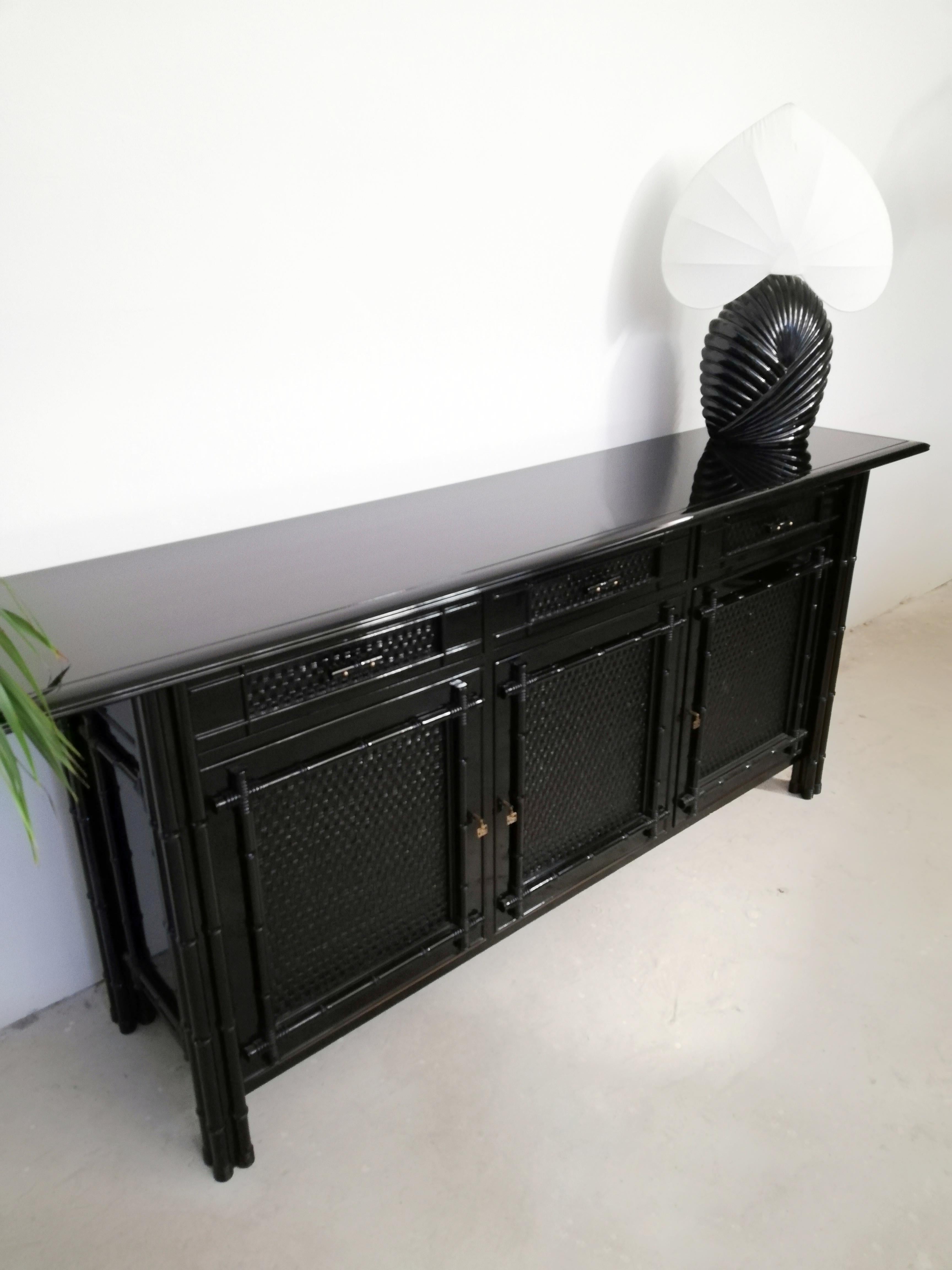 Hollywood Regency Buffet, Credenzas in Bamboo, Ash and Black Lacquered Rattan For Sale 6