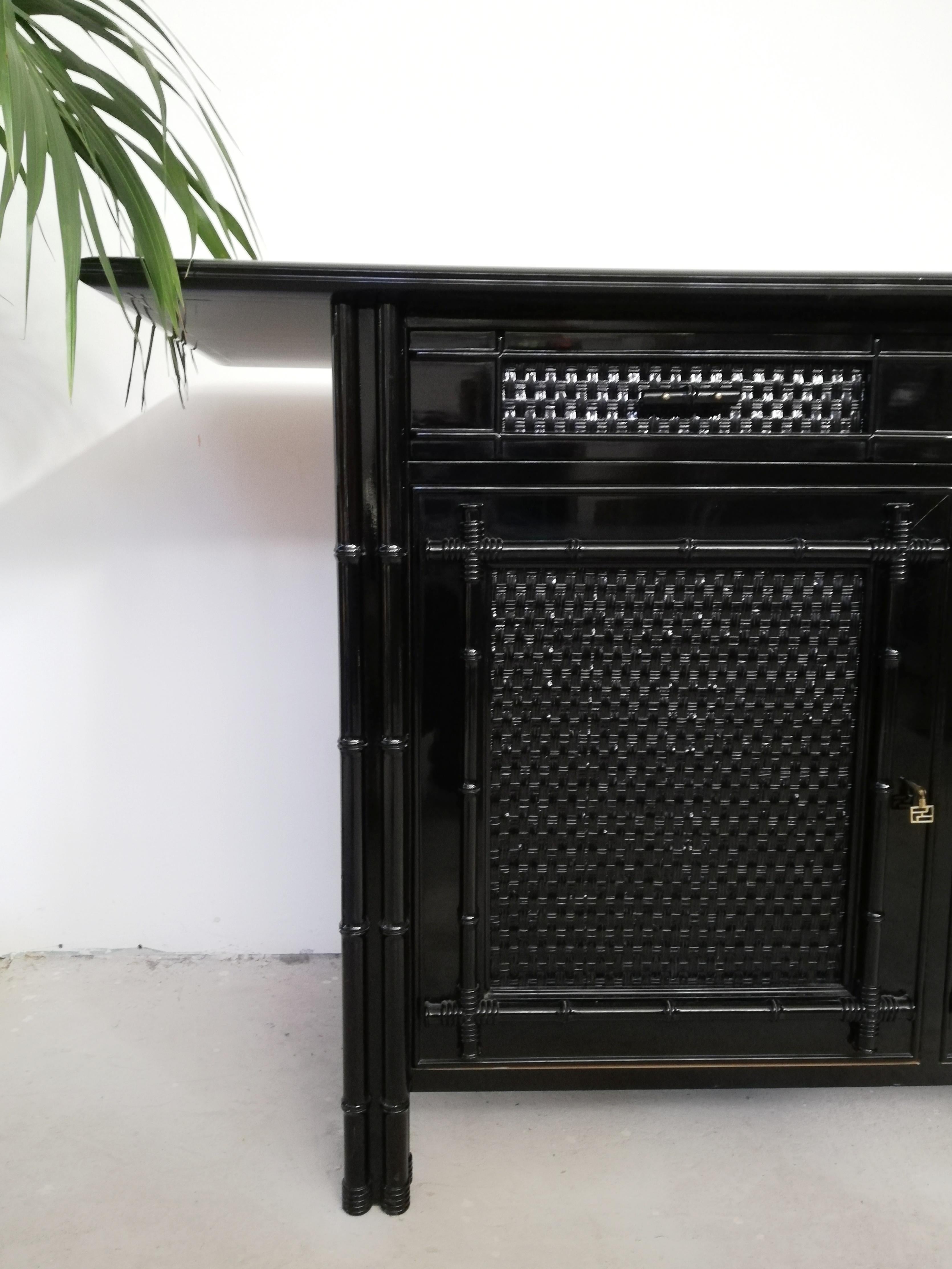Hollywood Regency Buffet, Credenzas in Bamboo, Ash and Black Lacquered Rattan For Sale 7