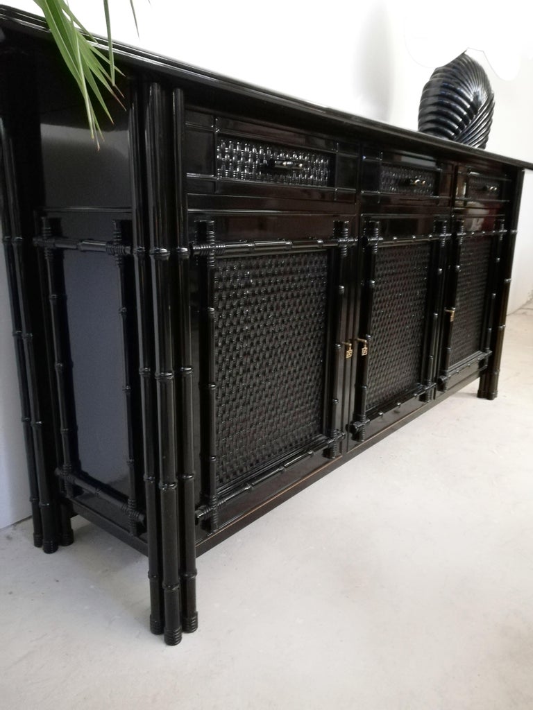 Hollywood Regency Buffet, Credenzas in Bamboo, Ash and Black Lacquered