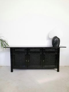 Hollywood Regency Buffet, Credenzas in Bamboo, Ash and Black Lacquered Rattan
