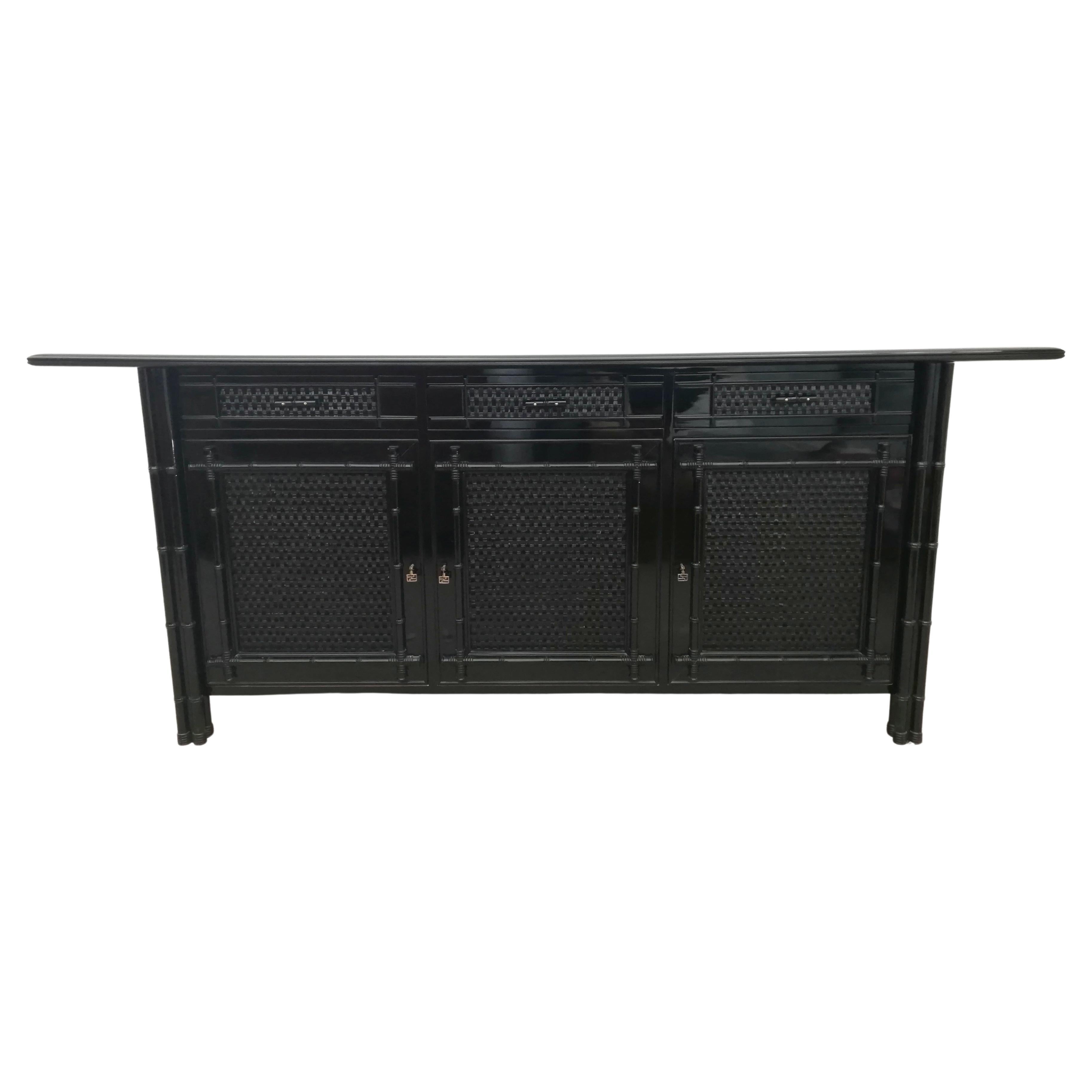 Hollywood Regency Buffet, Credenzas in Bamboo, Ash and Black Lacquered Rattan