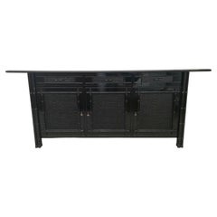 Vintage Hollywood Regency Buffet, Credenzas in Bamboo, Ash and Black Lacquered Rattan