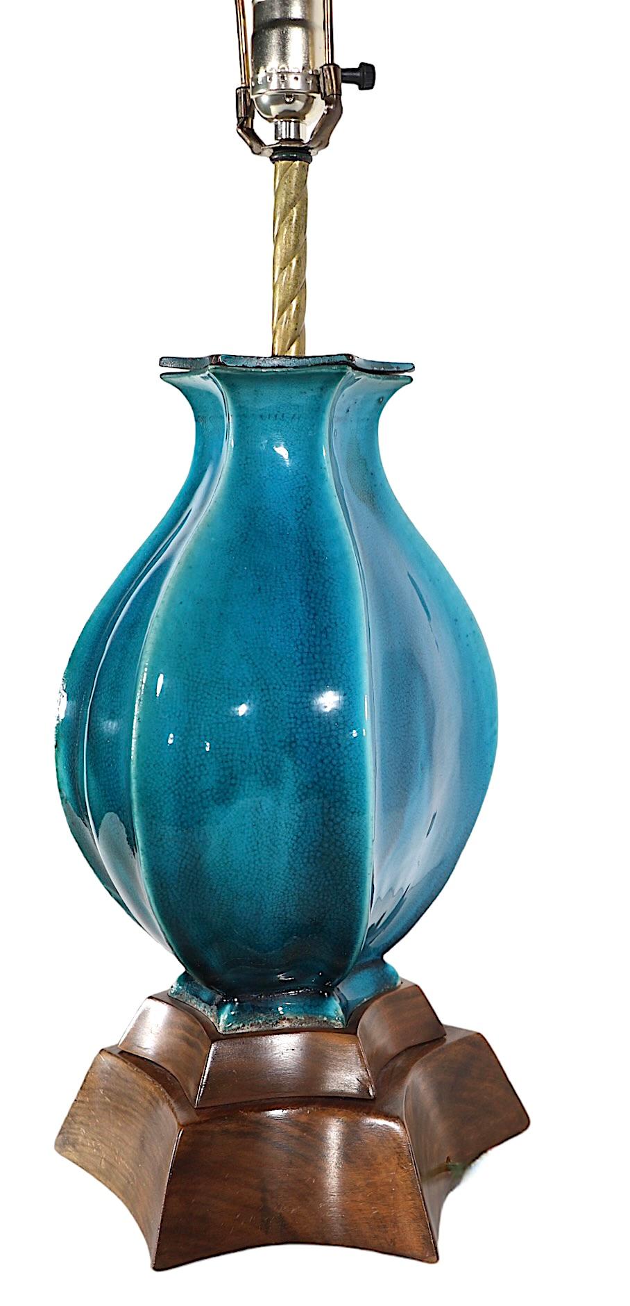 Hollywood Regency Bulbous Cerulean  Blue Glaze Ceramic Table Lamp c 1940/1960's For Sale 4