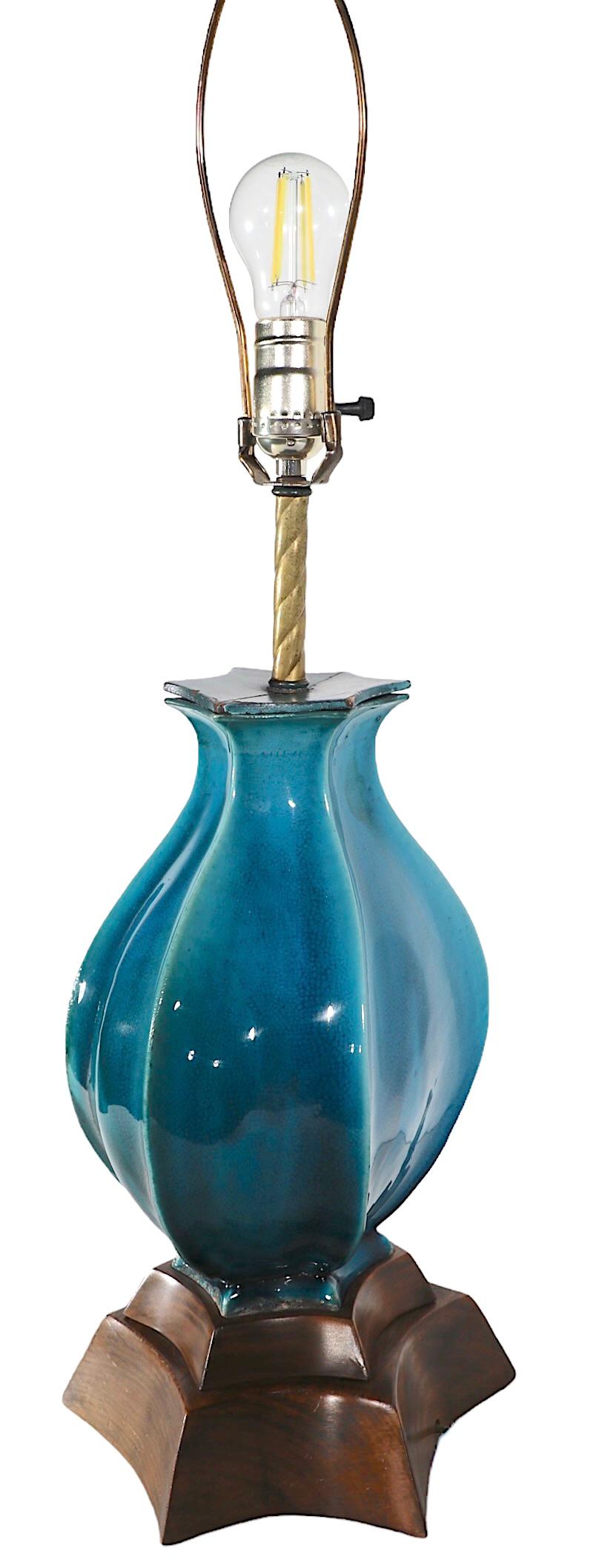 Hollywood Regency Bulbous Cerulean  Blue Glaze Ceramic Table Lamp c 1940/1960's For Sale 5