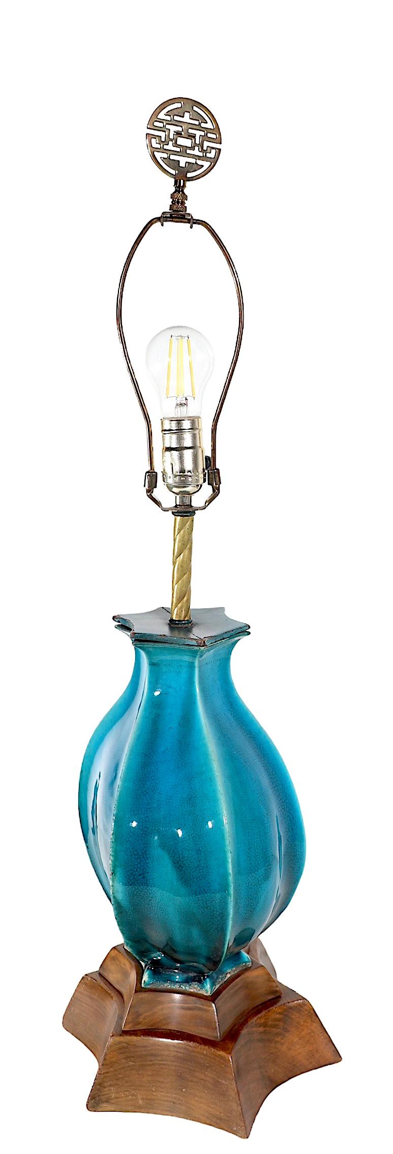 Hollywood Regency Bulbous Cerulean  Blue Glaze Ceramic Table Lamp c 1940/1960's For Sale 6
