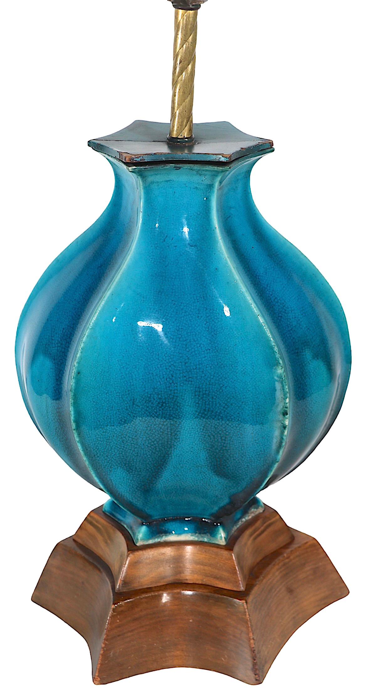 Hollywood Regency Bulbous Cerulean  Blue Glaze Ceramic Table Lamp c 1940/1960's For Sale 7