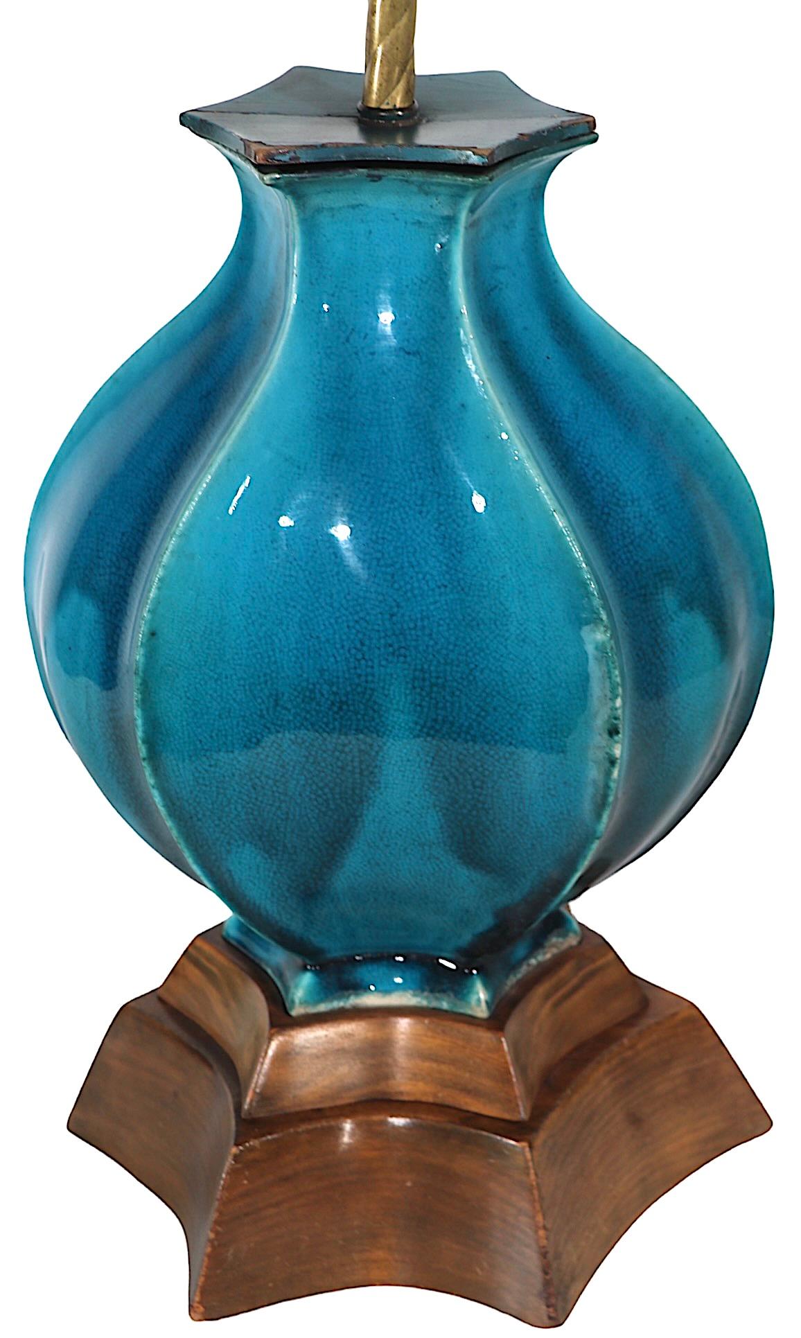 Hollywood Regency Bulbous Cerulean  Blue Glaze Ceramic Table Lamp c 1940/1960's For Sale 8