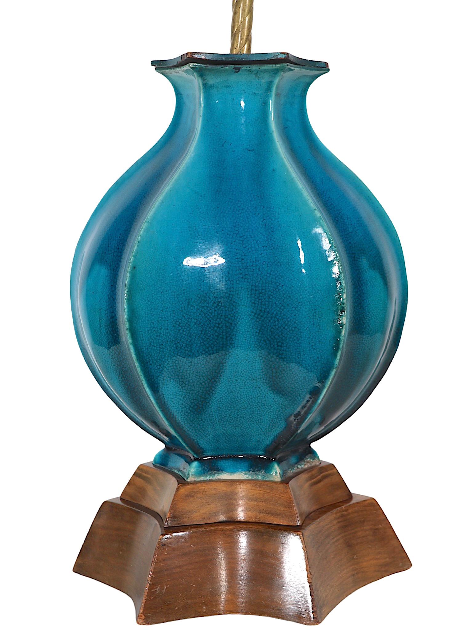 Hollywood Regency Bulbous Cerulean  Blue Glaze Ceramic Table Lamp c 1940/1960's For Sale 9