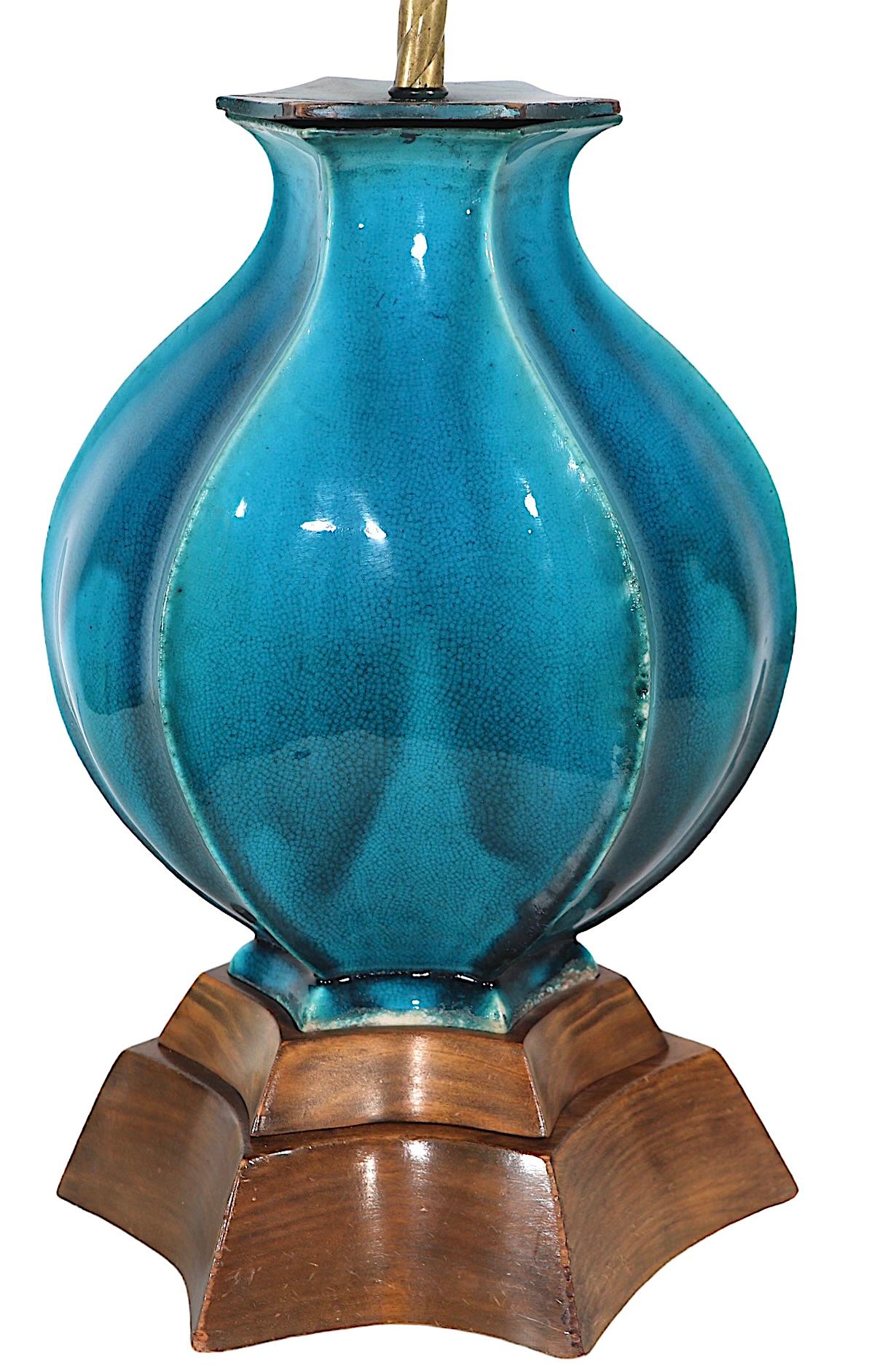 Hollywood Regency Bulbous Cerulean  Blue Glaze Ceramic Table Lamp c 1940/1960's For Sale 10