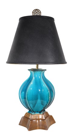 Hollywood Regency Bulbous Cerulean  Blue Glaze Ceramic Table Lamp c 1940/1960's