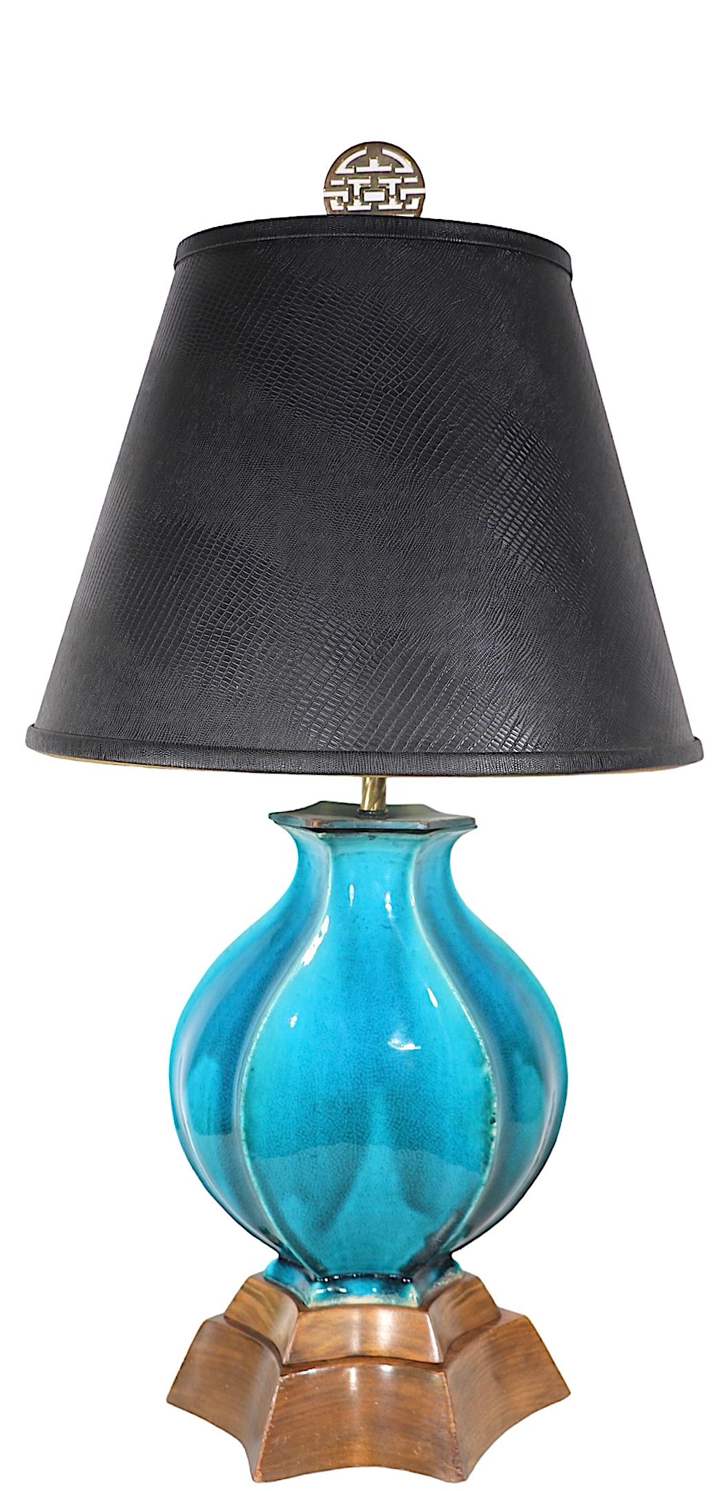 American Hollywood Regency Bulbous Cerulean  Blue Glaze Ceramic Table Lamp c 1940/1960's For Sale