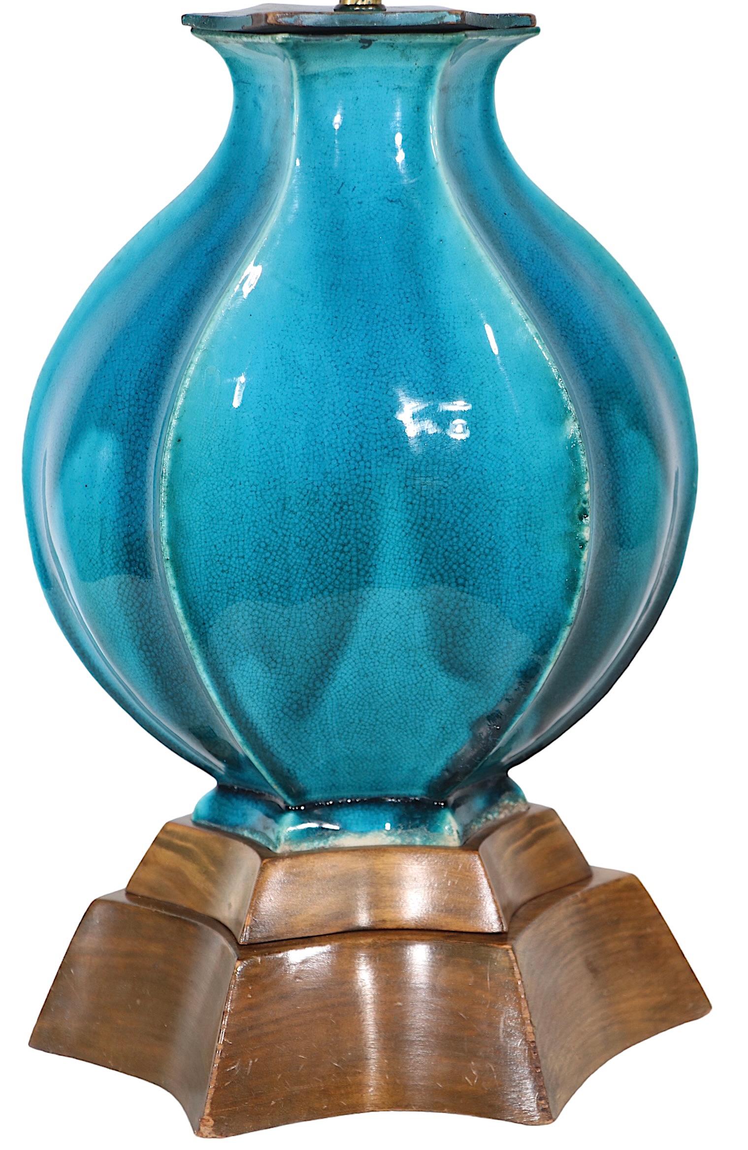 20th Century Hollywood Regency Bulbous Cerulean  Blue Glaze Ceramic Table Lamp c 1940/1960's For Sale