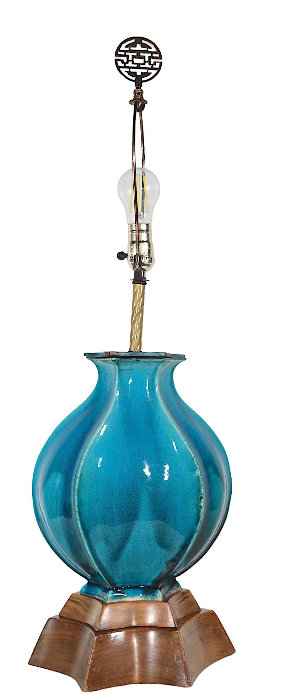 Wood Hollywood Regency Bulbous Cerulean  Blue Glaze Ceramic Table Lamp c 1940/1960's For Sale