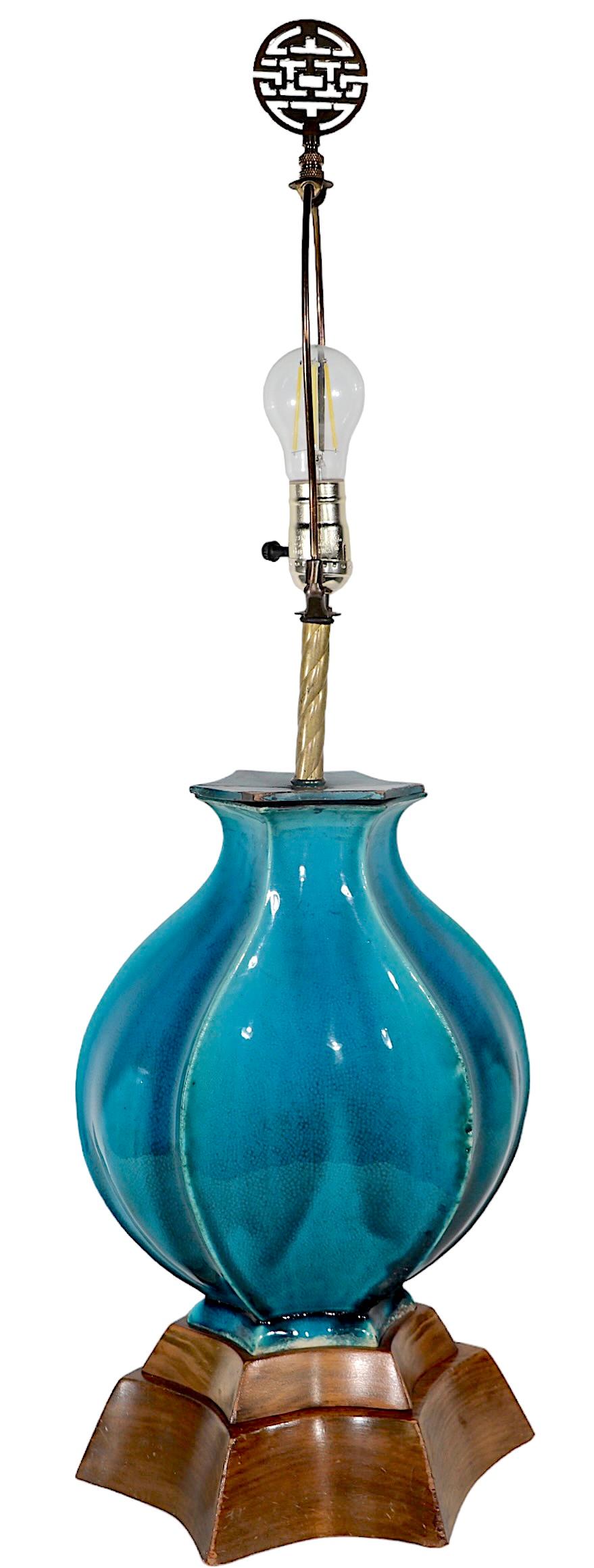 Hollywood Regency Bulbous Cerulean  Blue Glaze Ceramic Table Lamp c 1940/1960's For Sale 1