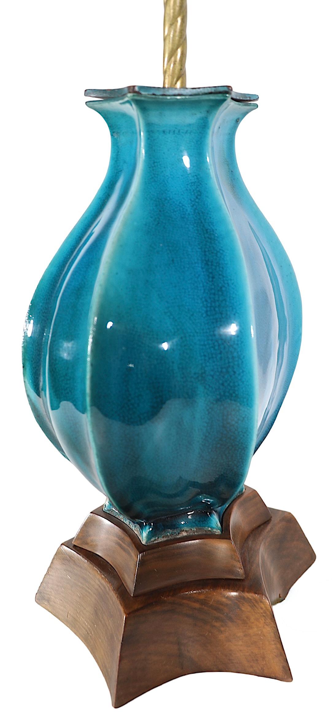 Hollywood Regency Bulbous Cerulean  Blue Glaze Ceramic Table Lamp c 1940/1960's For Sale 2