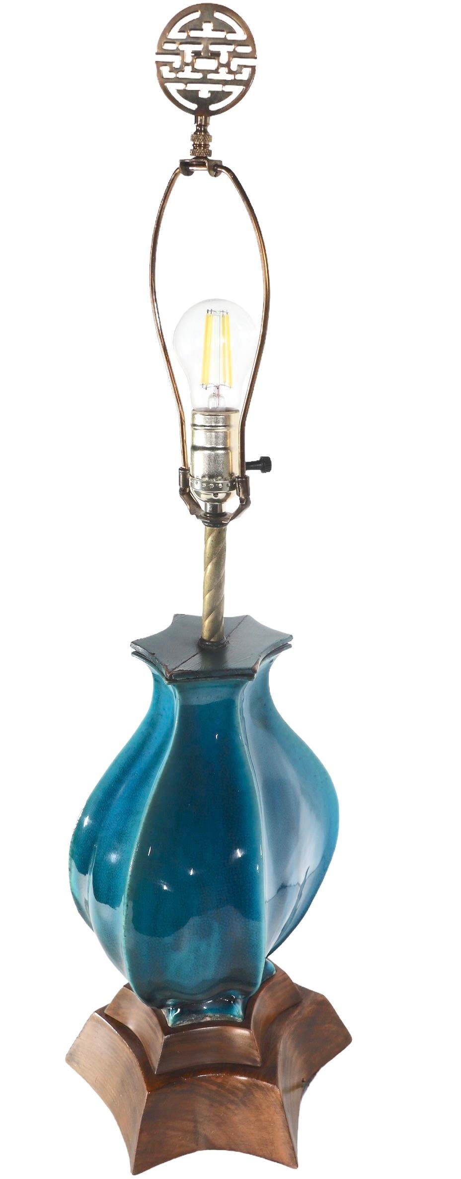 Hollywood Regency Bulbous Cerulean  Blue Glaze Ceramic Table Lamp c 1940/1960's For Sale 3