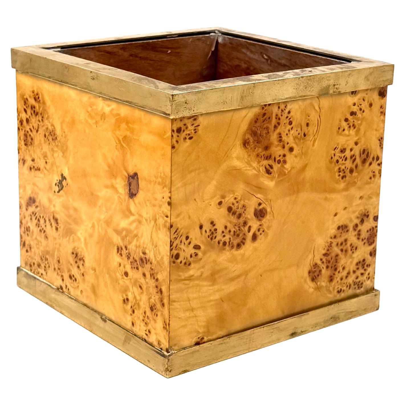 Pot à plantes en loupe et laiton de style régence hollywoodienne, Vivai del Sud Italie 1970 en vente