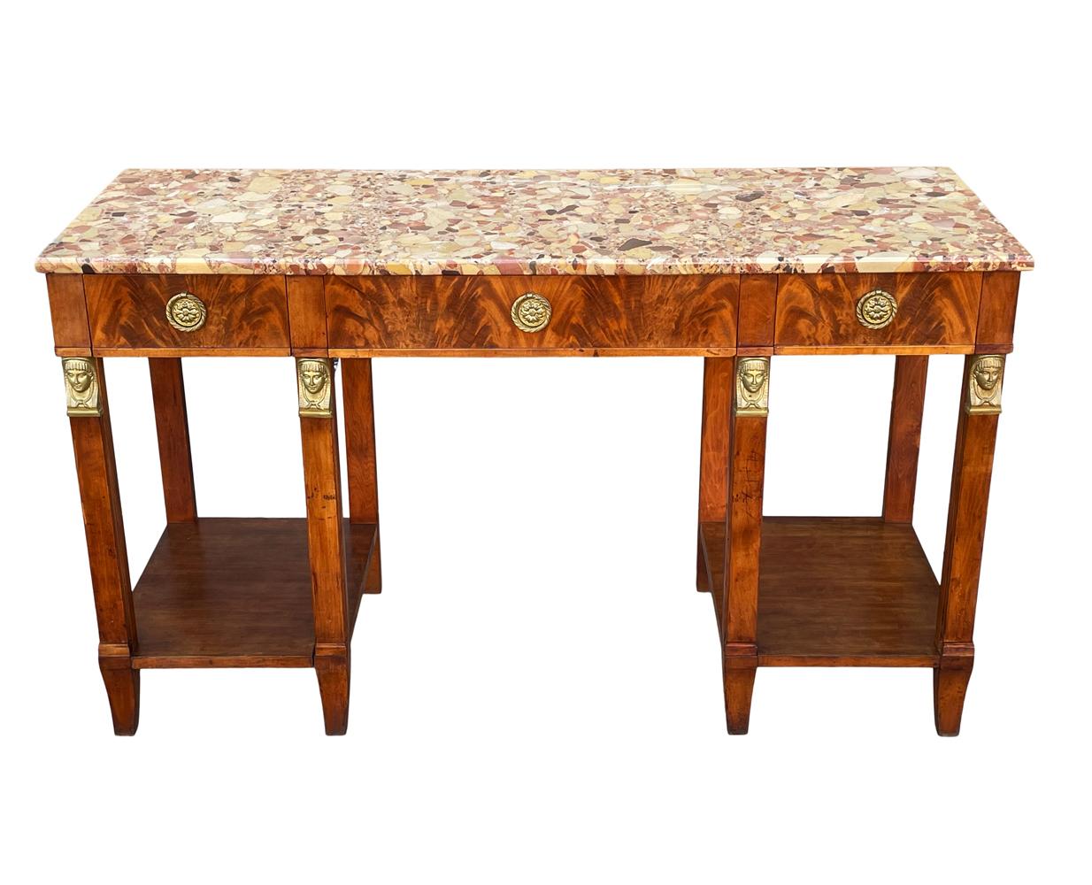 Mid-Century Modern Hollywood Regency Burl and Stone Marble Console Table or Sofa Table
