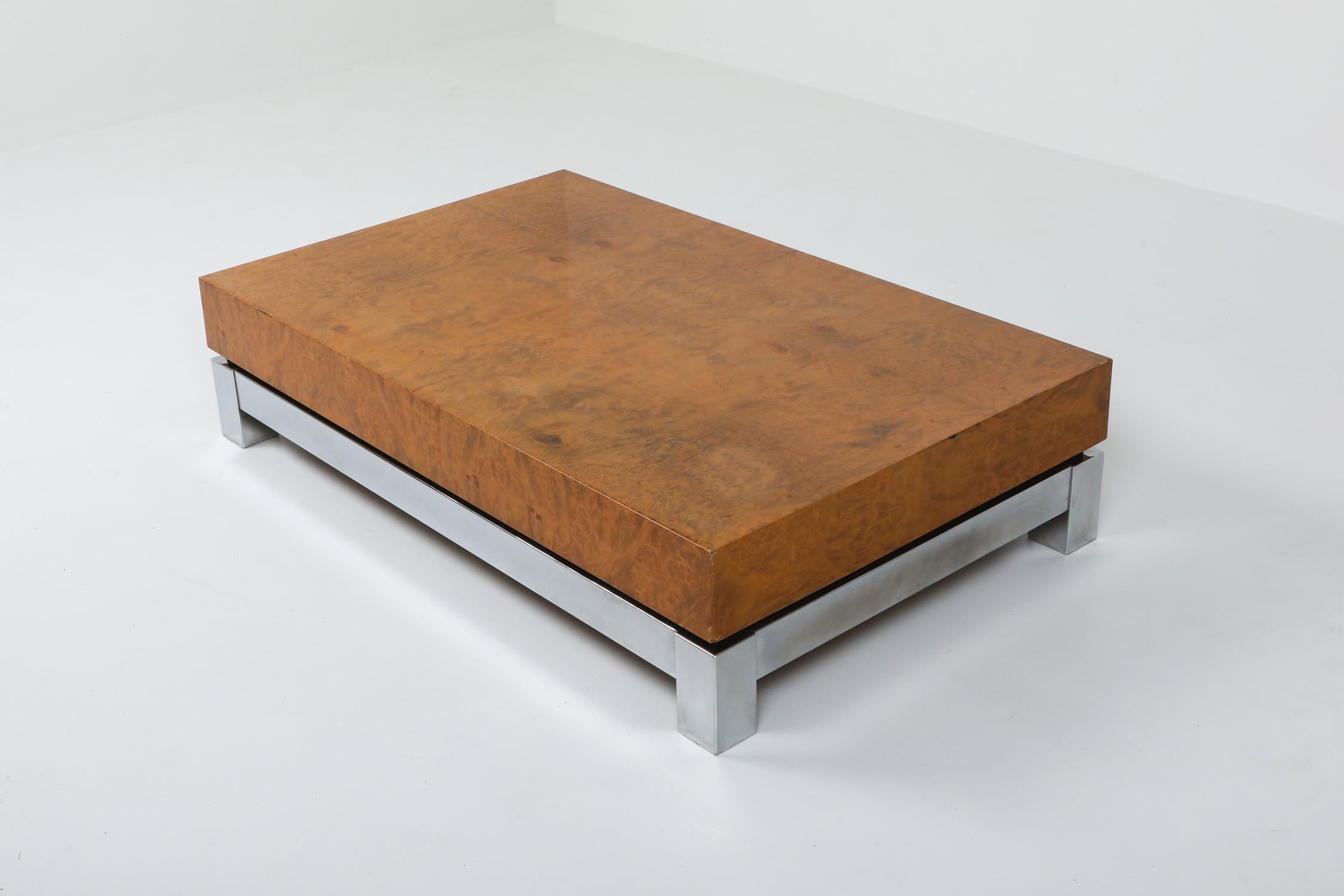 Hollywood Regency rectangular burl veneer coffee table with chrome feet in the style of  Made in France, 1970s.