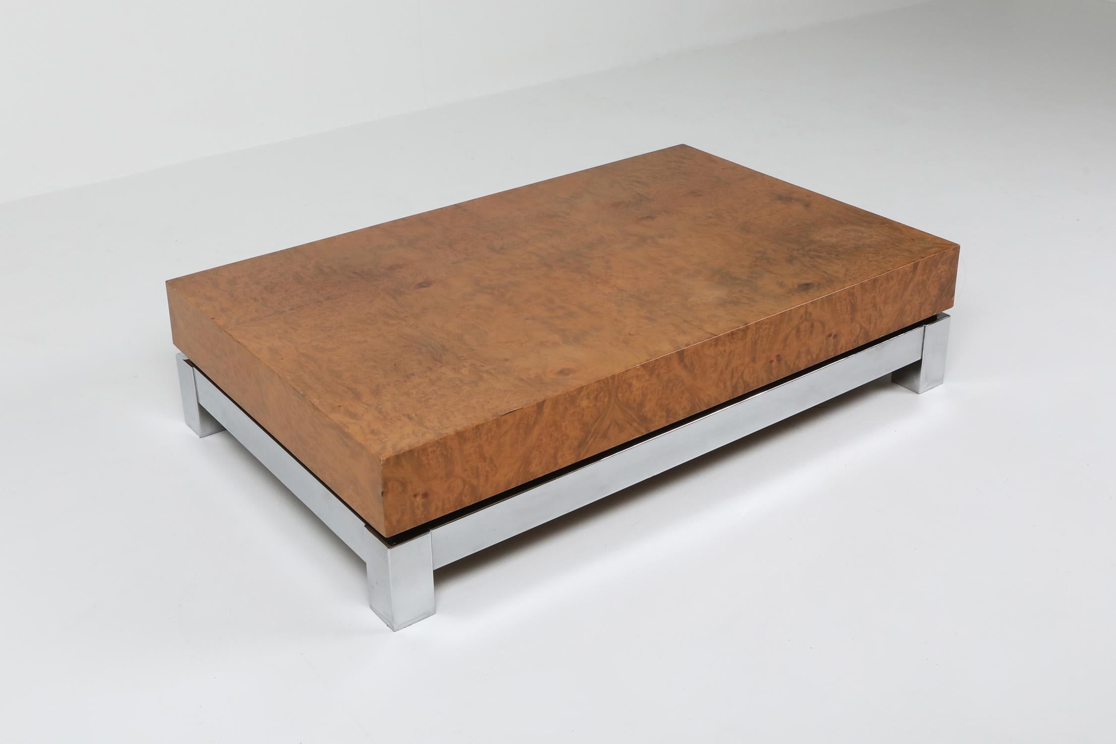 French Jean Claude Mahey Burl and Chrome Coffee Table