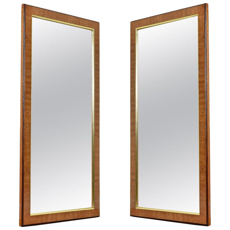 Hollywood Regency Burl Wood and Brass Drexel Heritage Avenues Mirror Set For Sale