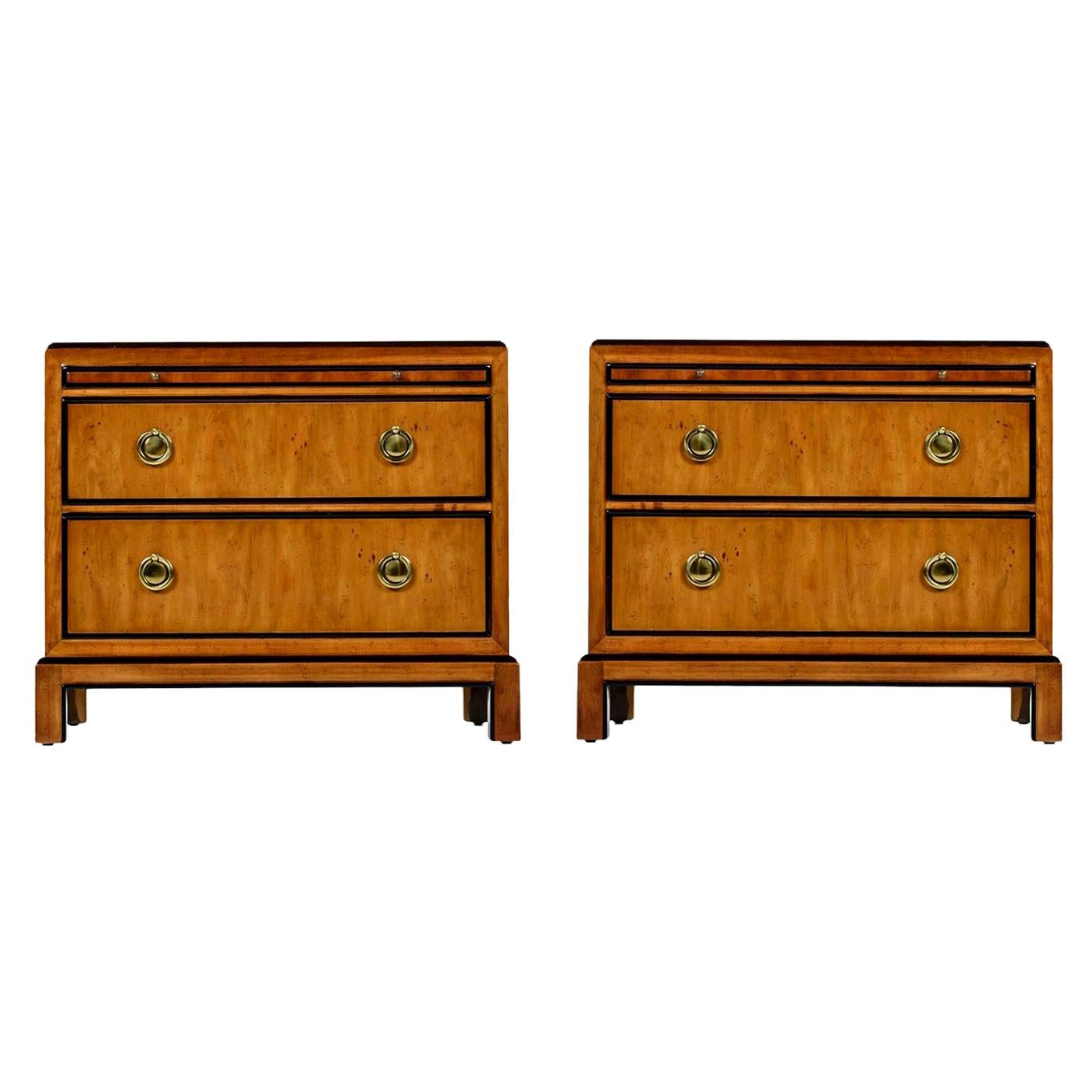 Hollywood Regency Burl Wood and Brass Drexel Heritage Chinoiserie Nightstands