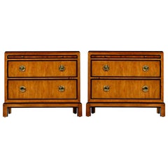 Hollywood Regency Burl Wood and Brass Drexel Heritage Chinoiserie Nightstands