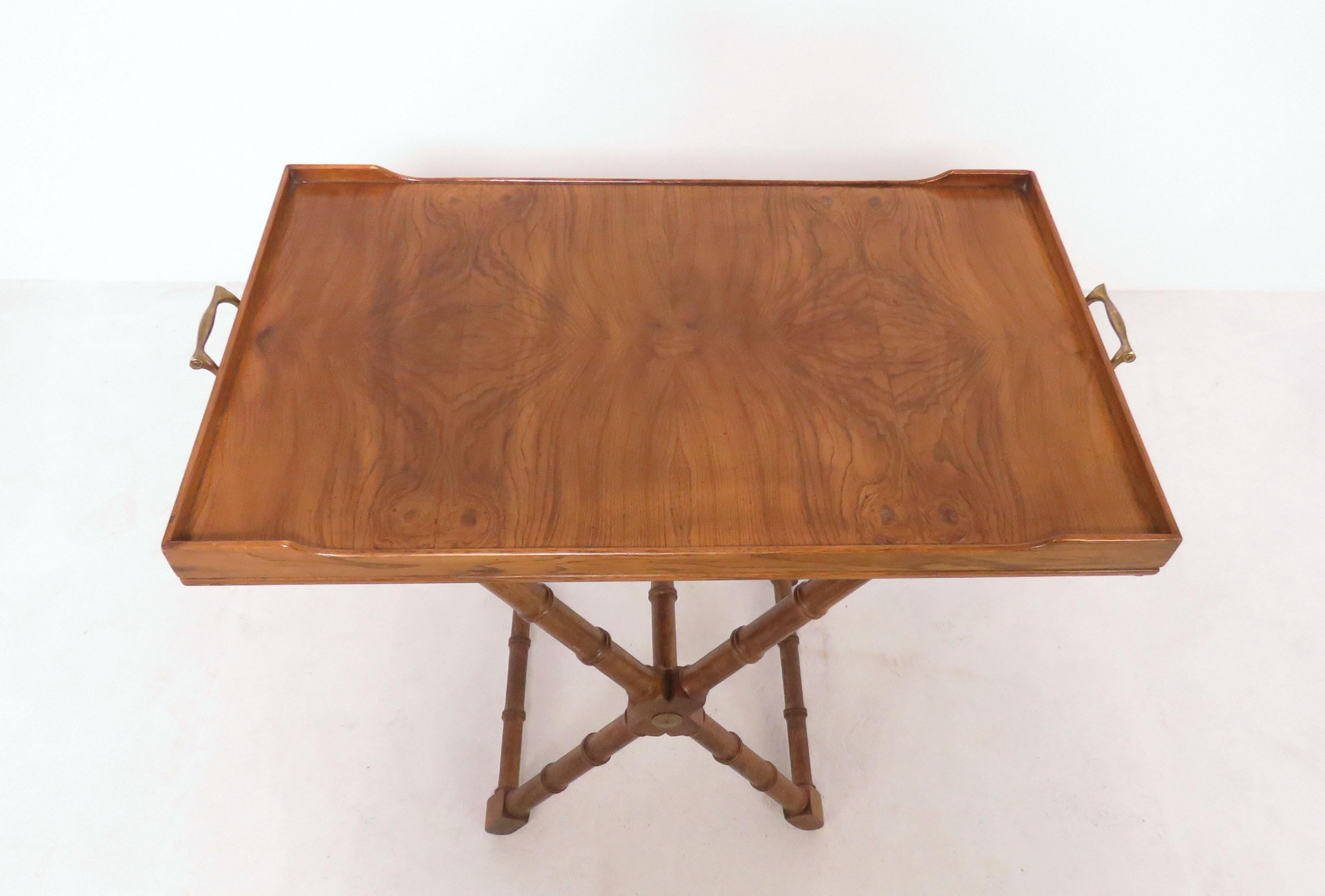 Hollywood Regency Burl Wood Butler's Tray, Convertible to Coffee Table In Good Condition In Peabody, MA