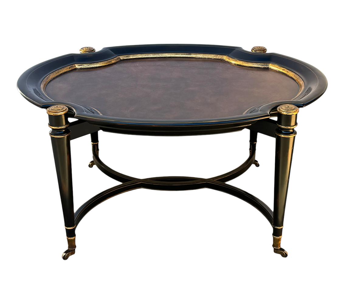 Philippine Hollywood Regency Burl Wood with Gold Trim Oval Cocktail Table by Maitland Smith For Sale