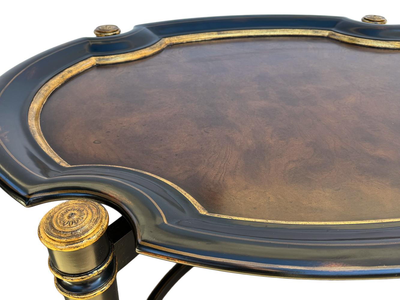 Hollywood Regency Burl Wood with Gold Trim Oval Cocktail Table by Maitland Smith In Good Condition For Sale In Philadelphia, PA