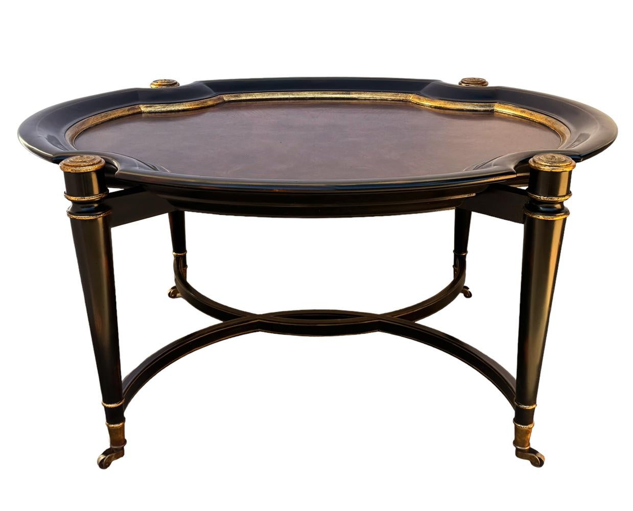 Late 20th Century Hollywood Regency Burl Wood with Gold Trim Oval Cocktail Table by Maitland Smith For Sale