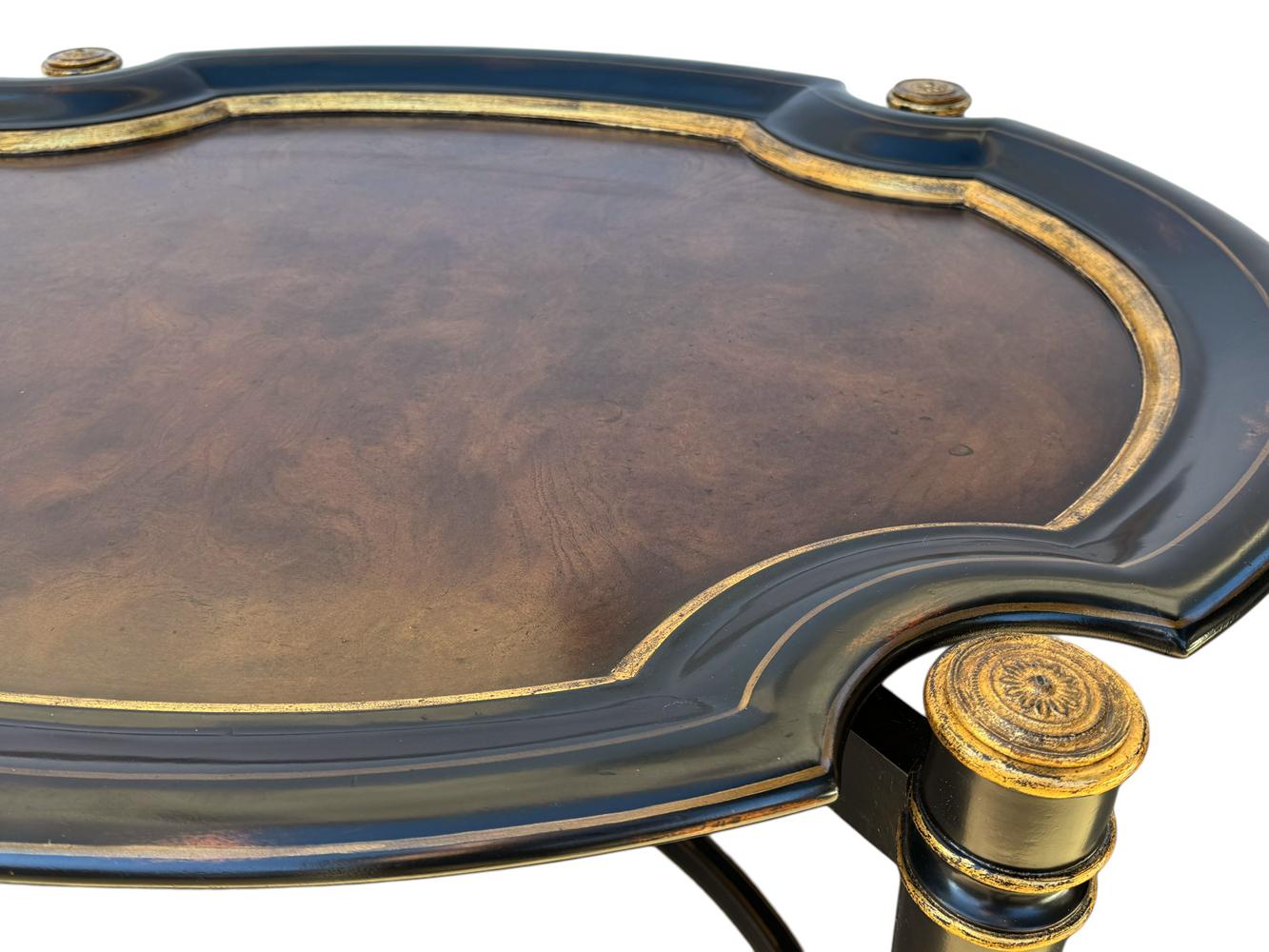 Hollywood Regency Burl Wood with Gold Trim Oval Cocktail Table by Maitland Smith For Sale 2