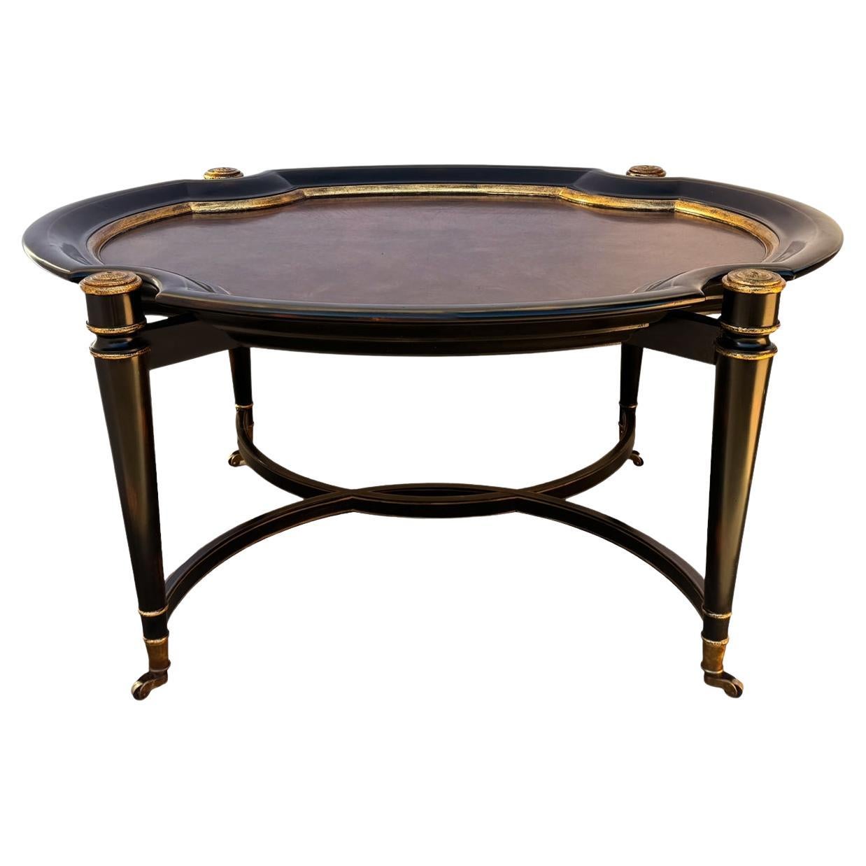 Hollywood Regency Burl Wood with Gold Trim Oval Cocktail Table by Maitland Smith For Sale