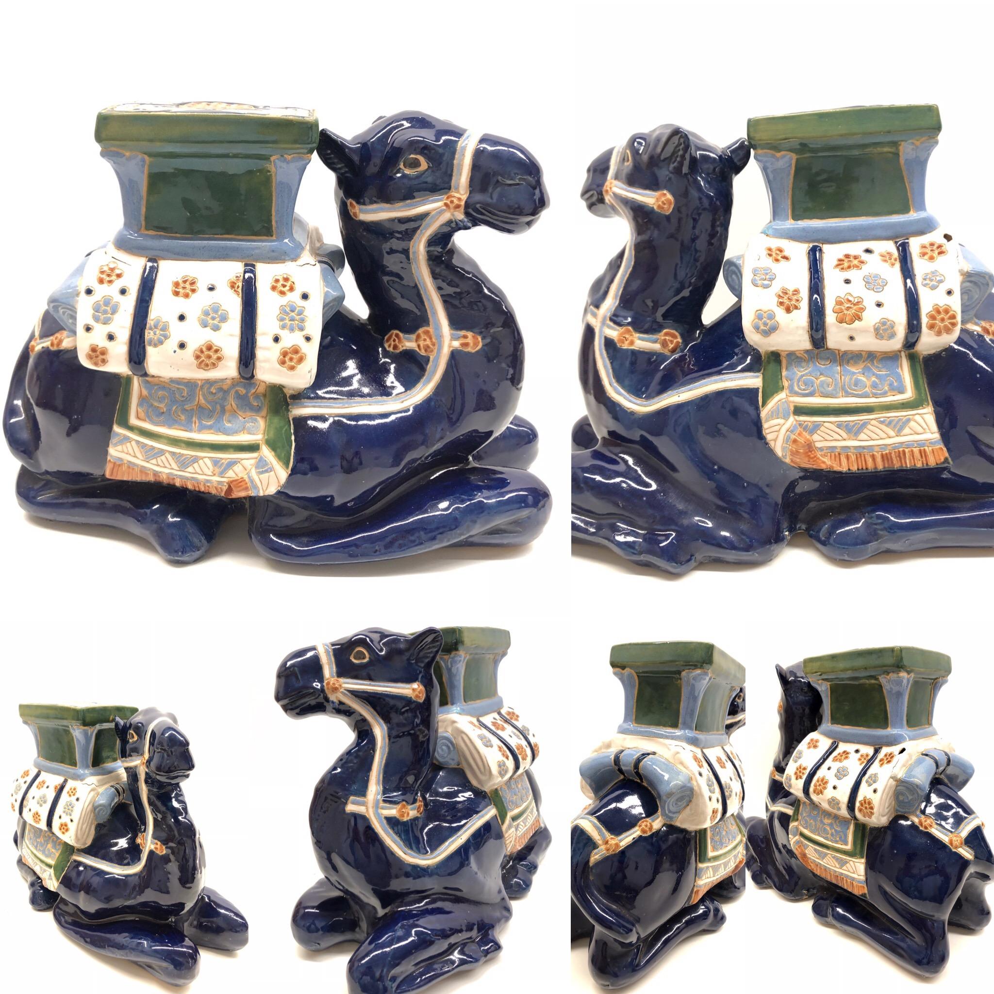 Mid-20th century glazed ceramic camel garden stool, flower pot seat or side table. Handcrafted ceramic. Nice addition to your home, patio or garden area.
    